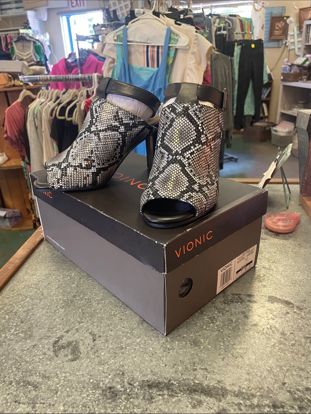 Vionic Women's Snake-Print Peep Toe Mules in Black and White